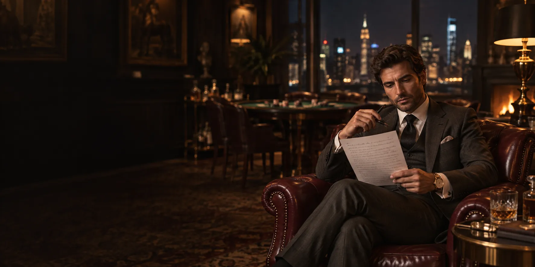 Man reading an annotated manuscript in a leather poker lounge chair