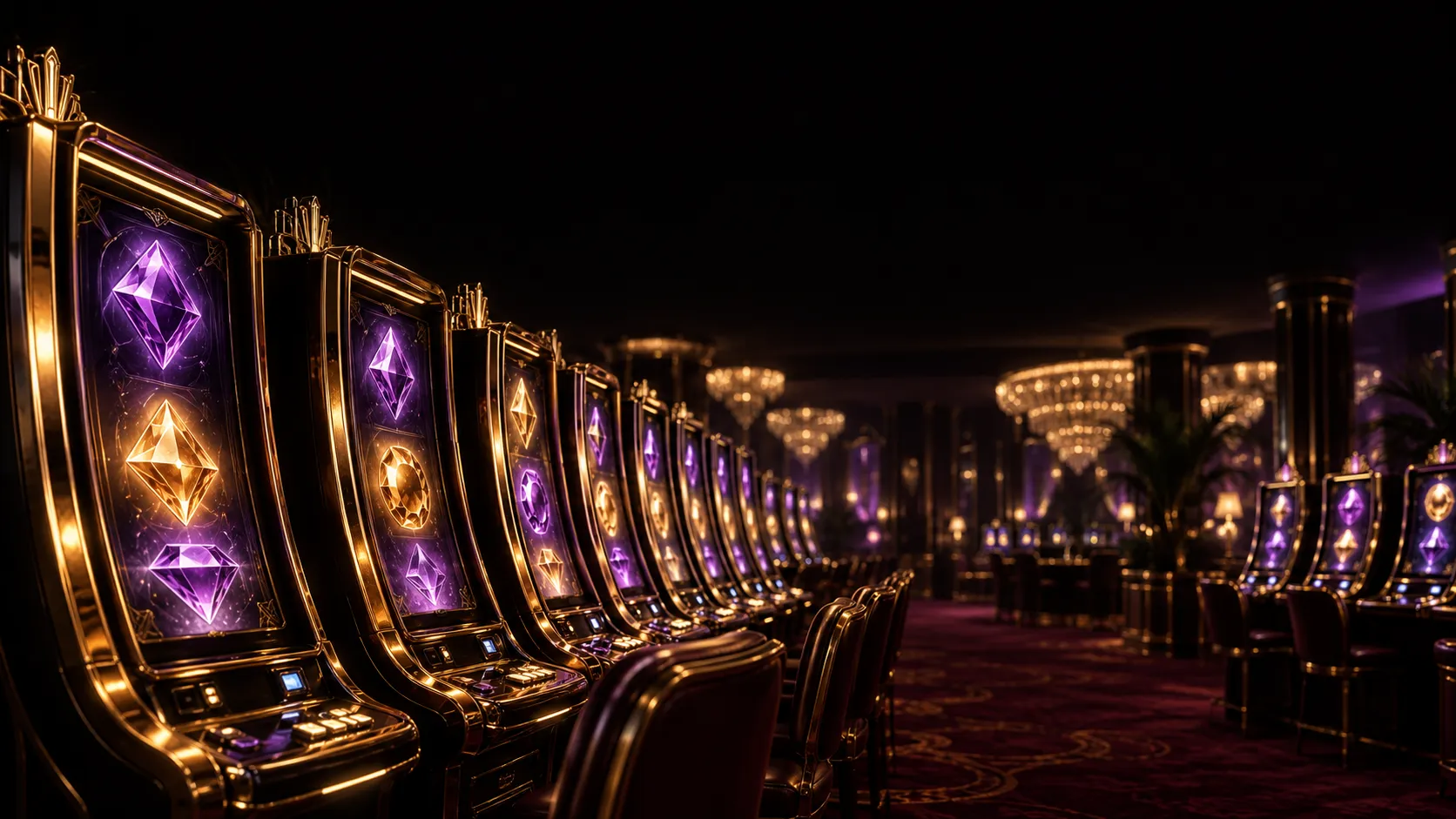Row of glowing slot cabinets representing the wider Here2Win Casino pokie selection