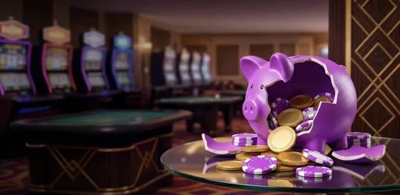 Purple piggy bank spilling gold coins, standing in for a reload deposit and payout