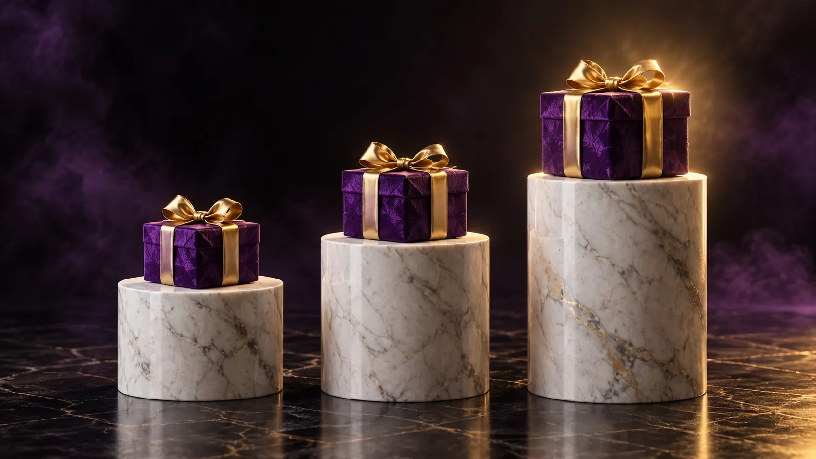 Three illuminated plinths staged for a casino bonus offer