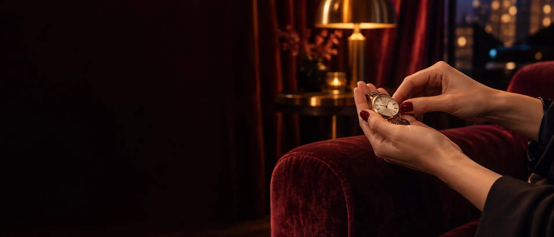 Hands calmly checking a wristwatch in a velvet lounge