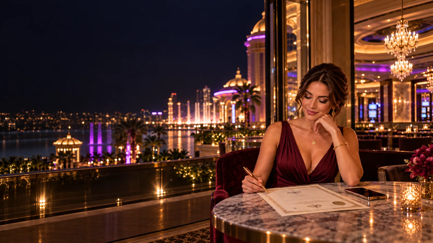 Woman checking a casino licence document at a marble table on a casino terrace at night