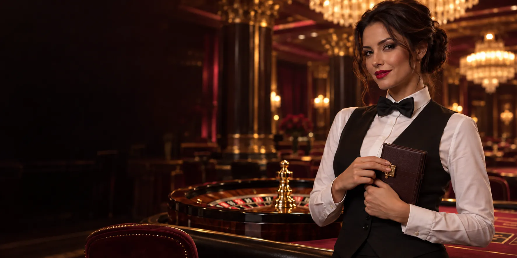 Croupier holding a locked diary beside a roulette table