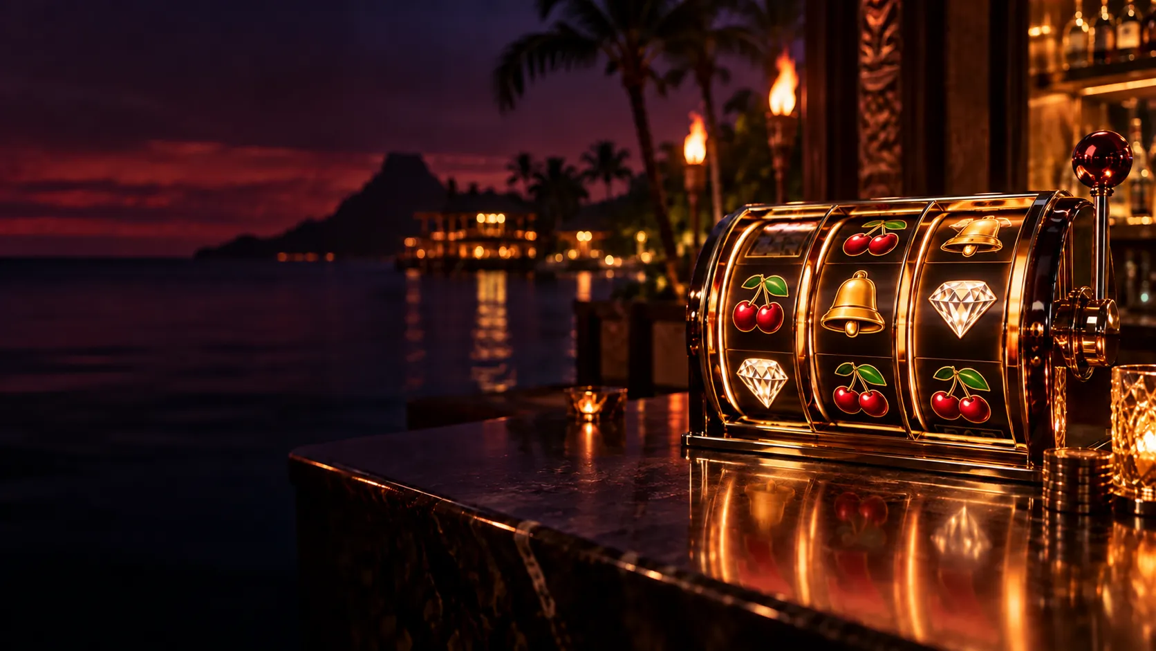 Glowing slot reels on a bar counter at a tropical resort casino
