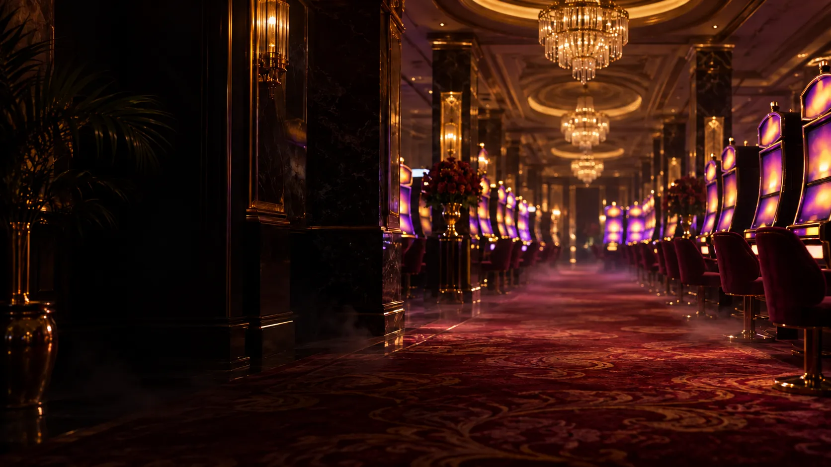 Glowing slot hall with rows of illuminated machines