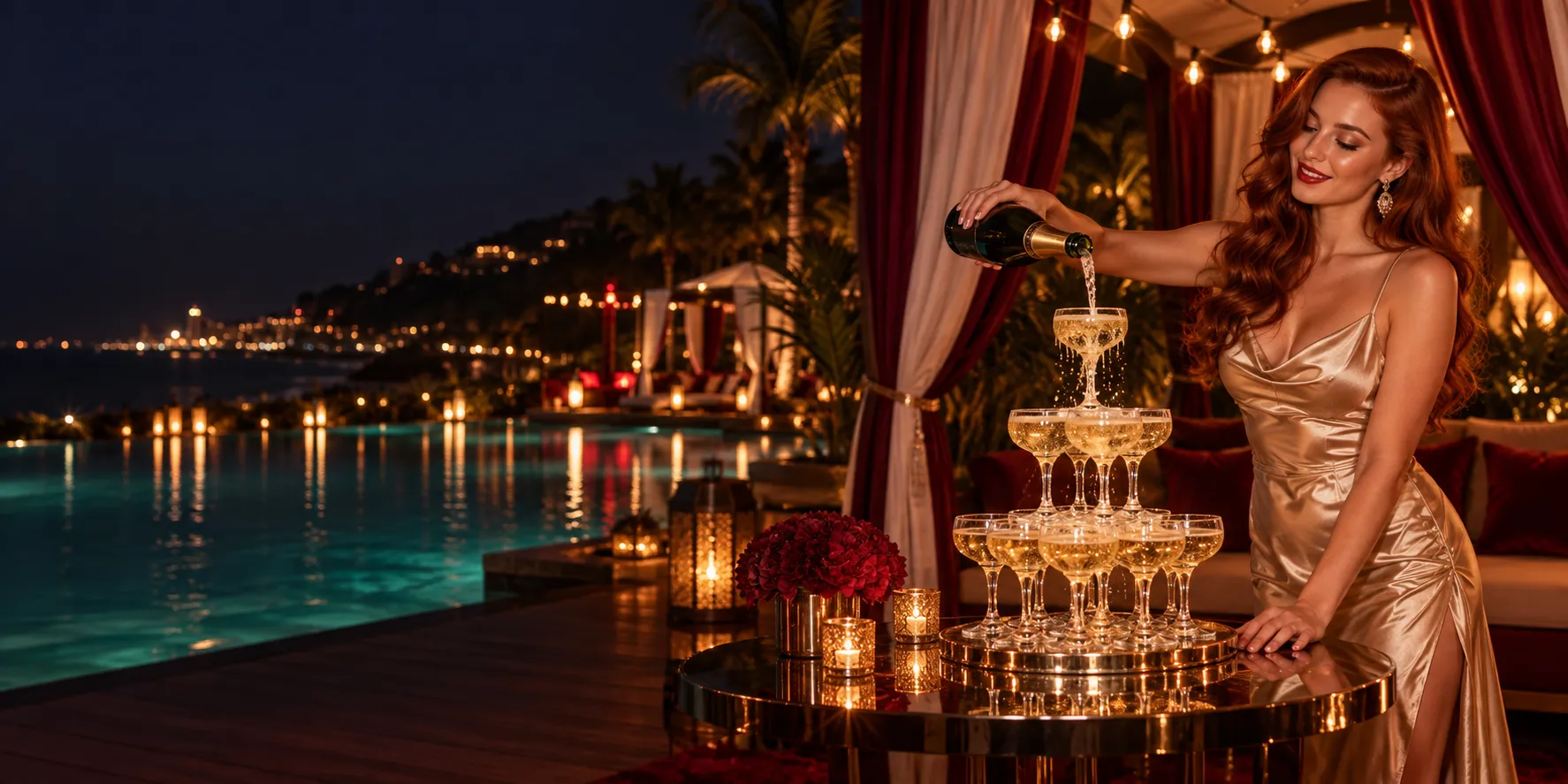 Woman pouring a champagne tower in a resort cabana to mark a casino bonus