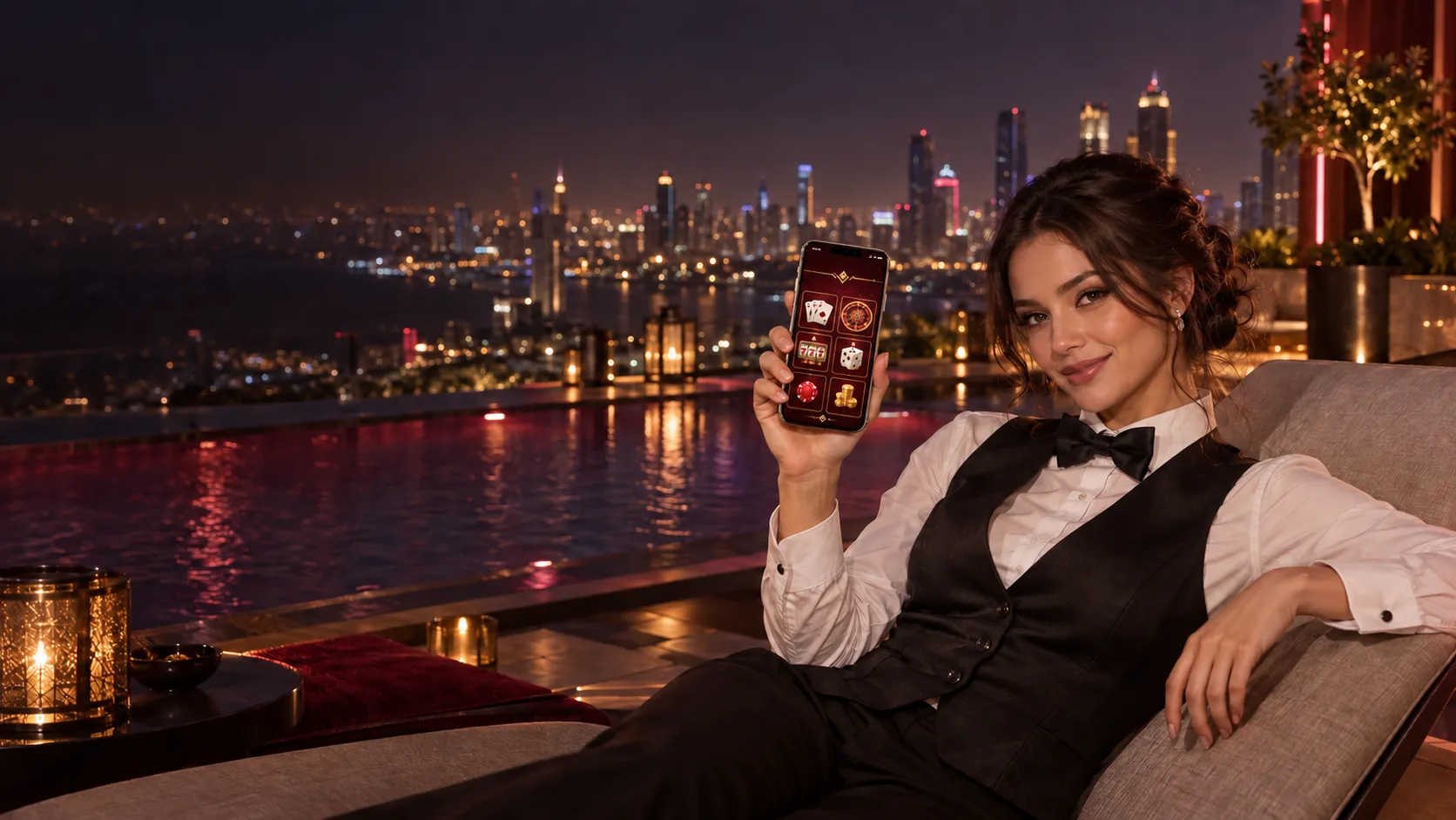 Croupier holding a phone showing a casino lobby screen on a rooftop, standing in for mobile access to Here2Win Casino