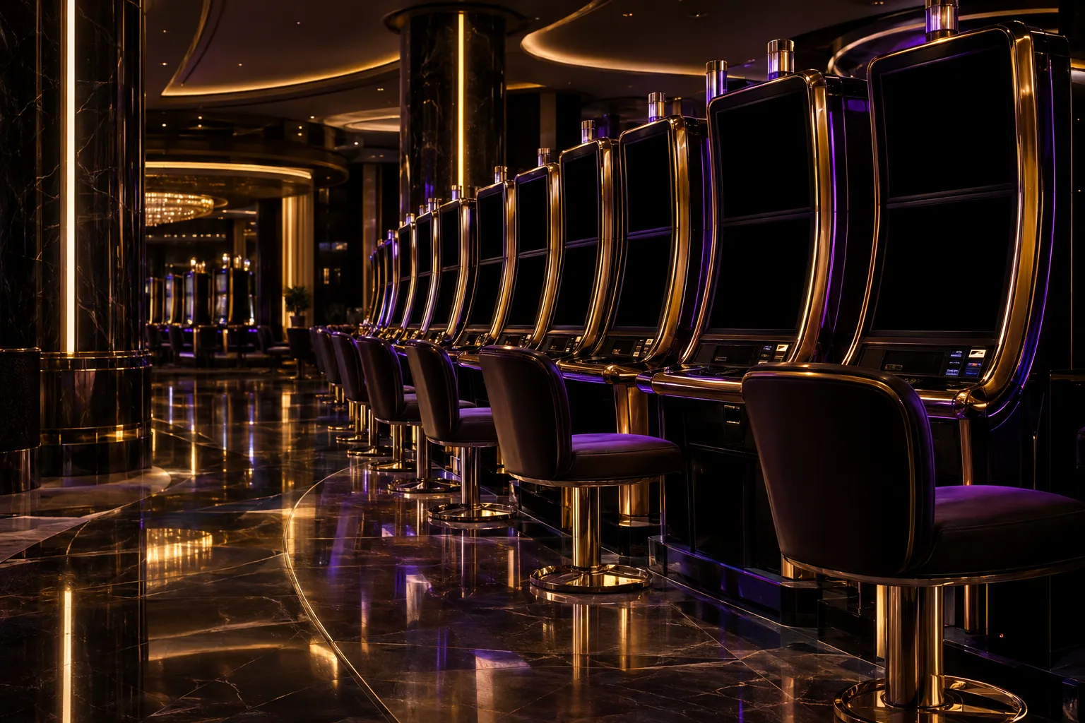Rows of glowing slot cabinets on a casino floor